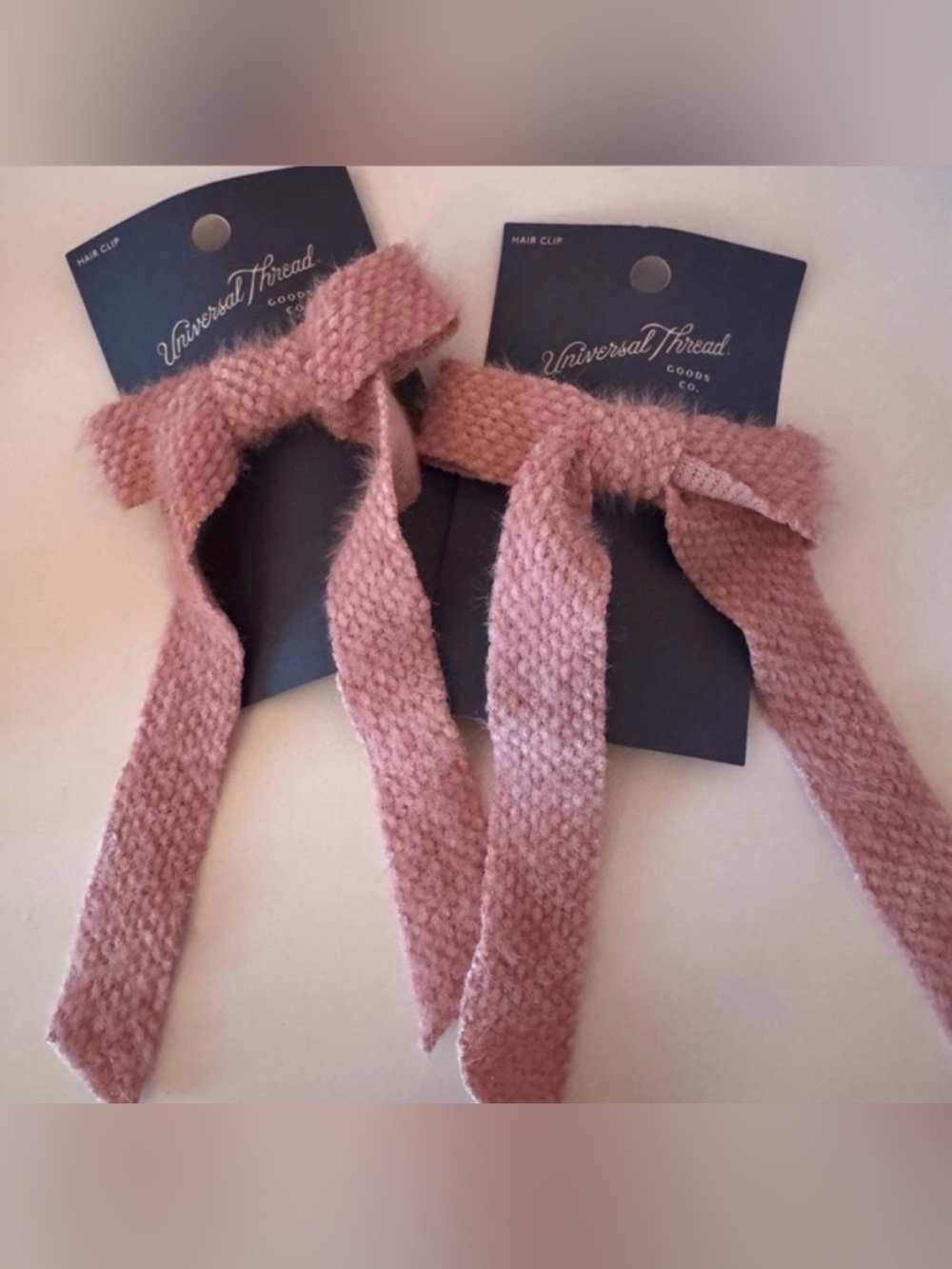 Set of 2 Universal Thread Fuzzy Pink Long Hair Bow Barrette Clips NWT